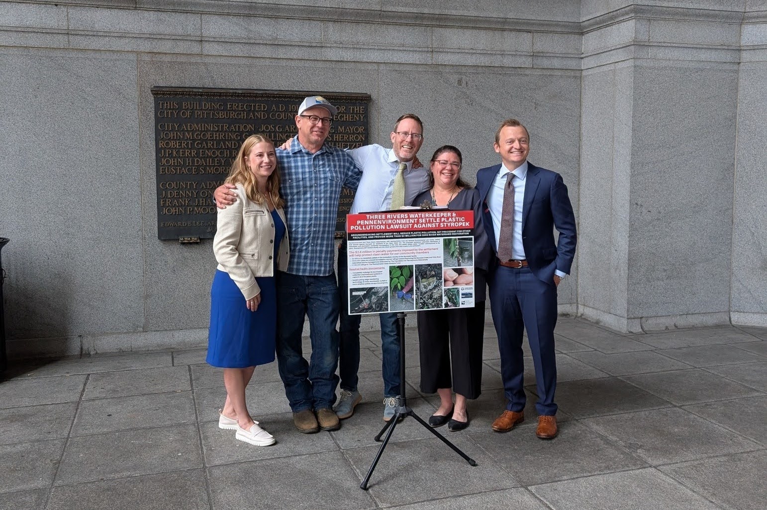 Dr. Heather Hulton VanTassel and Captain Evan Clark of Three Rivers Waterkeeper, PennEnvironment Executive Director David Masur, Deb Nardone of Foundation for Pennsylvania Watershed, and Matt Donohue of National Environmental Law Center (left to right) announcing the settlement of a plastic pollution lawsuit against Styropek.